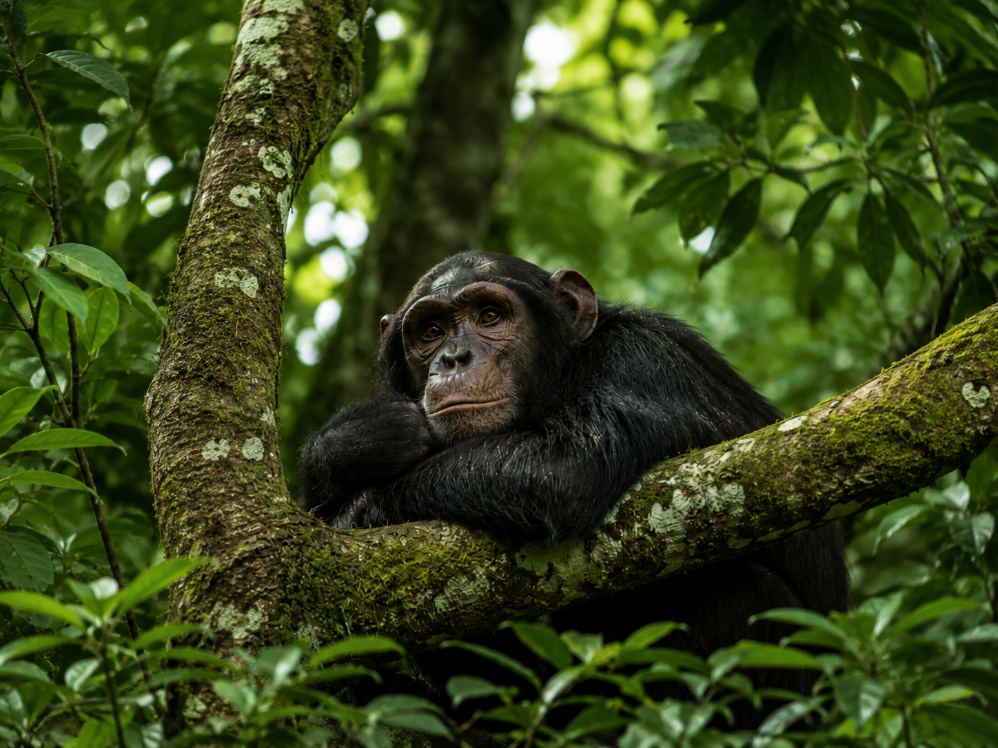 A chimpanzee resting among green forest vegetation in Kibale National Park, Uganda.