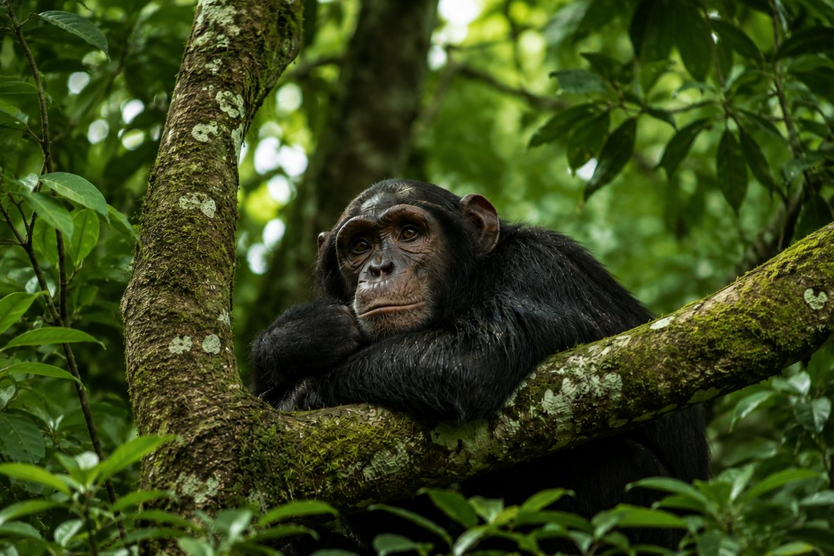 A chimpanzee resting on a mossy branch in the forest at Kibale, Uganda